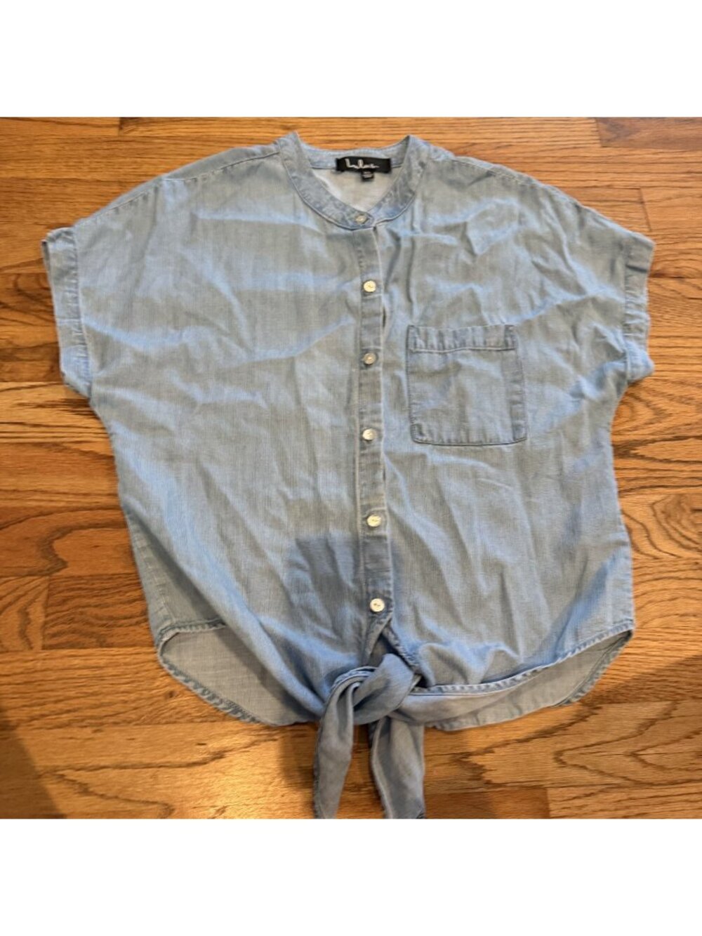 Lulus Womens Denim Color XS Tie Front Shirt Short Sleeve